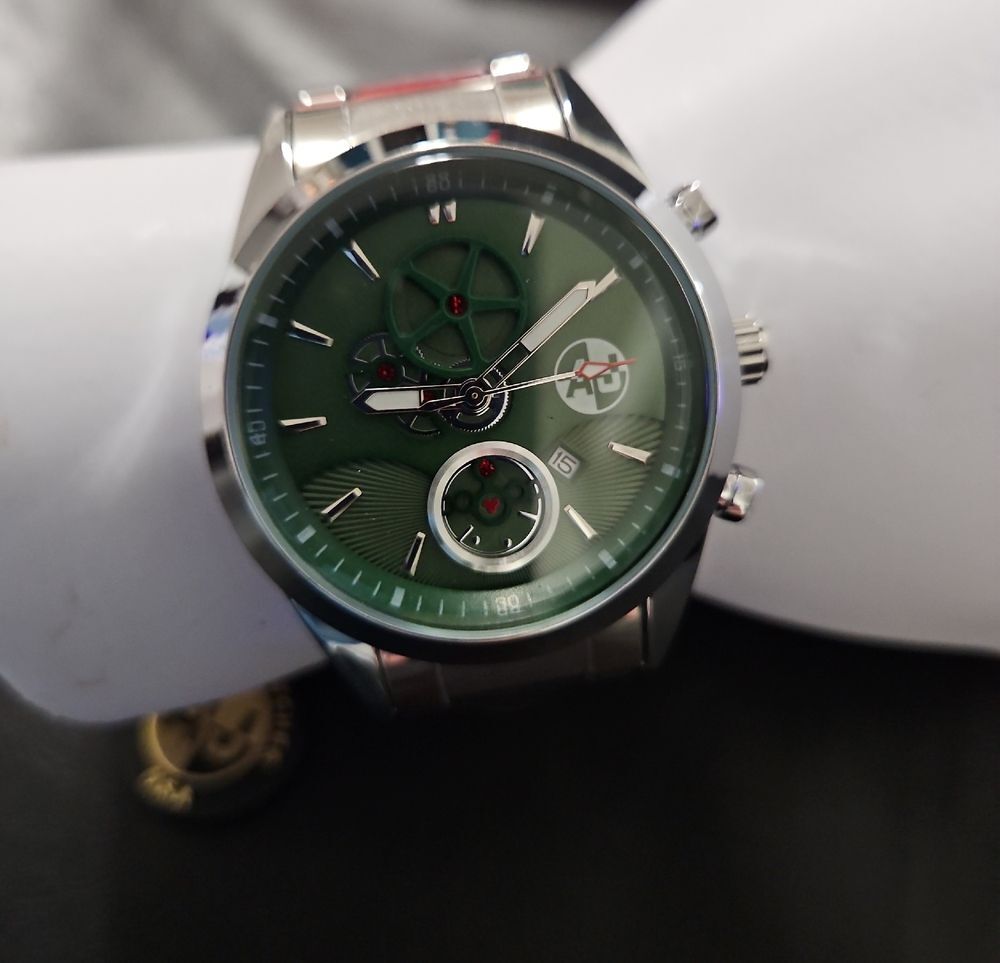 Men's AJ Brand Stainless Steel Chronograph Watch with Green Dial